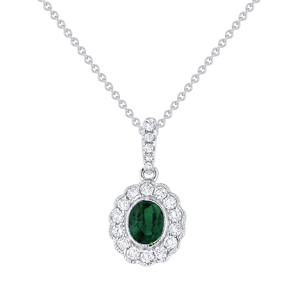 Lady's White 14 Karat Pendant/Chain With 20=0.24Tw Round Diamonds And One 0.31Ct Oval Emerald