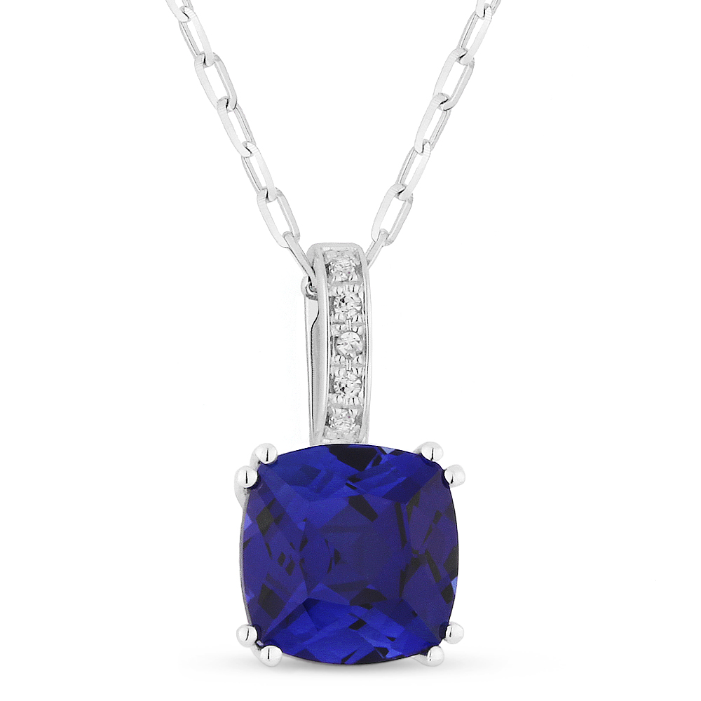 Lady's White 14 Karat Pendant/Chain With 5=0.02Tw Round Diamonds And One 1.90Ct Cushion Blue Corundum