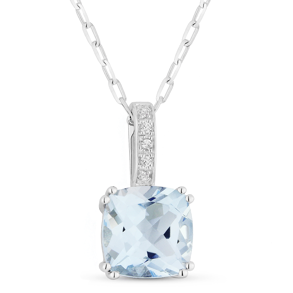 Lady's White 14 Karat Pendant/Chain With 5=0.02Tw Round Diamonds And One 1.76Ct Cushion Blue Topaz