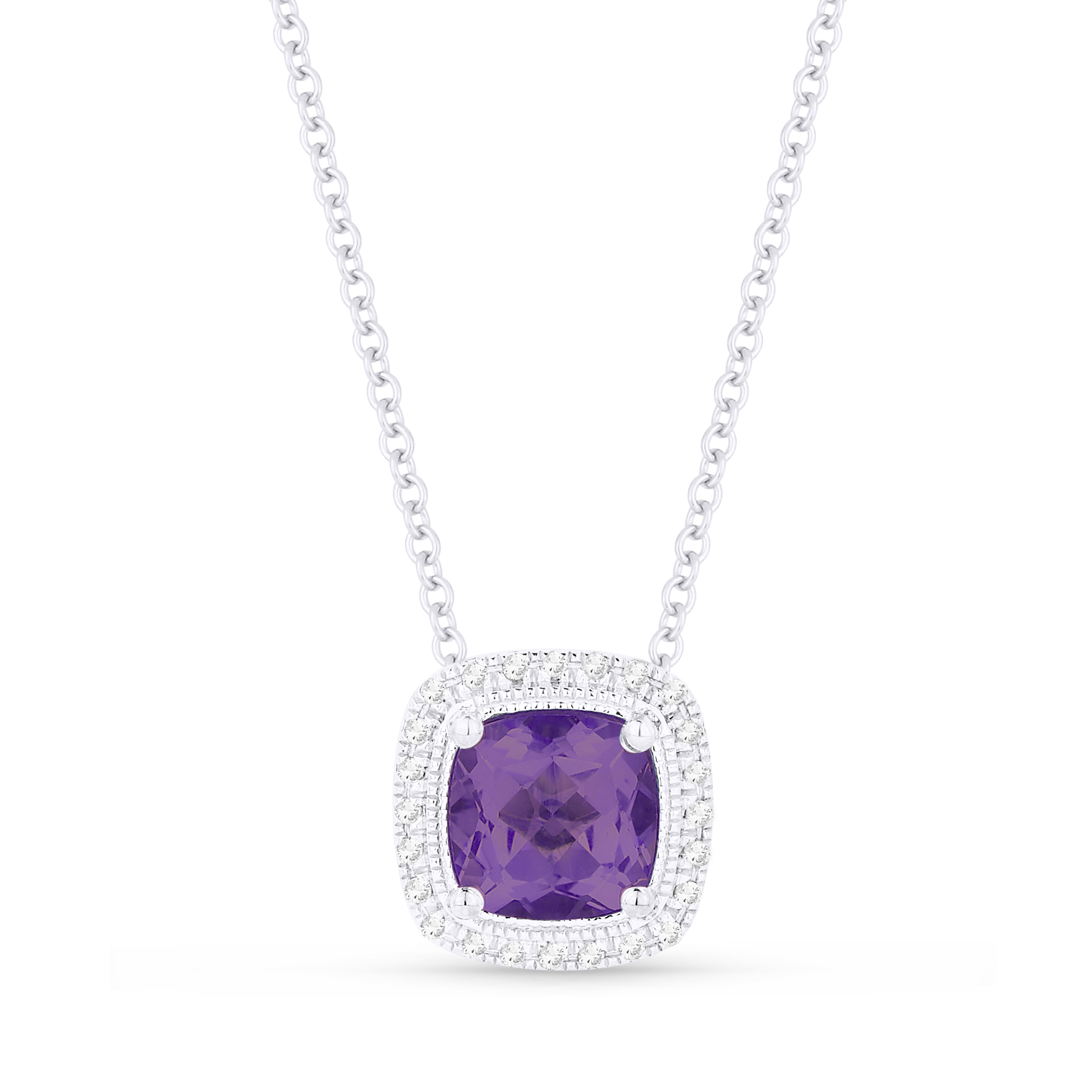 Lady's White 14 Karat Pendant/Chain With 24=0.06Tw Round Diamonds And One 0.59Ct Cushion Amethyst