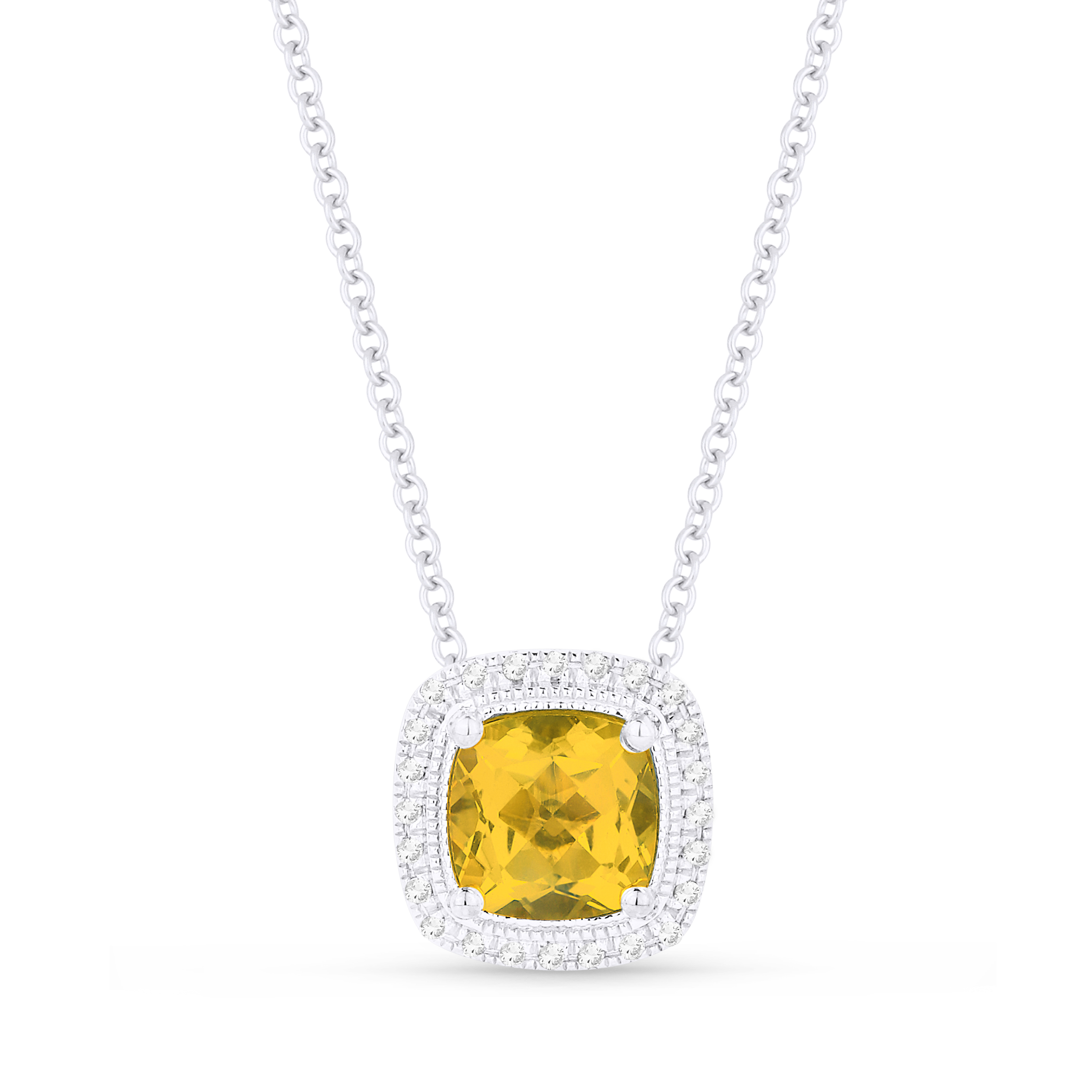 Lady's White 14 Karat Pendant/Chain With 24=0.06Tw Round Diamonds And One 0.54Ct Cushion Citrine