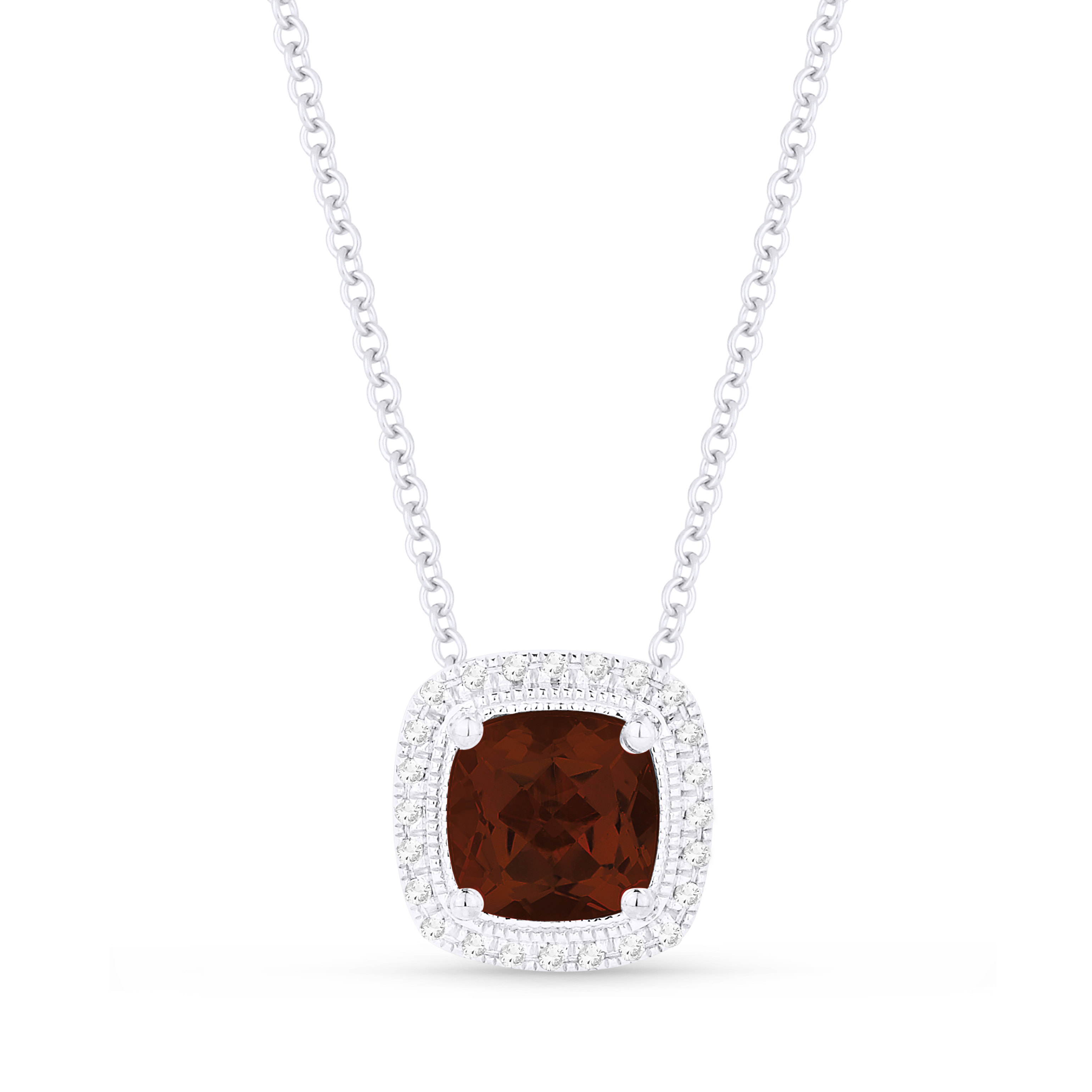 Lady's White 14 Karat Pendant/Chain With 24=0.06Tw Round Diamonds And One 0.78Ct Cushion Garnet