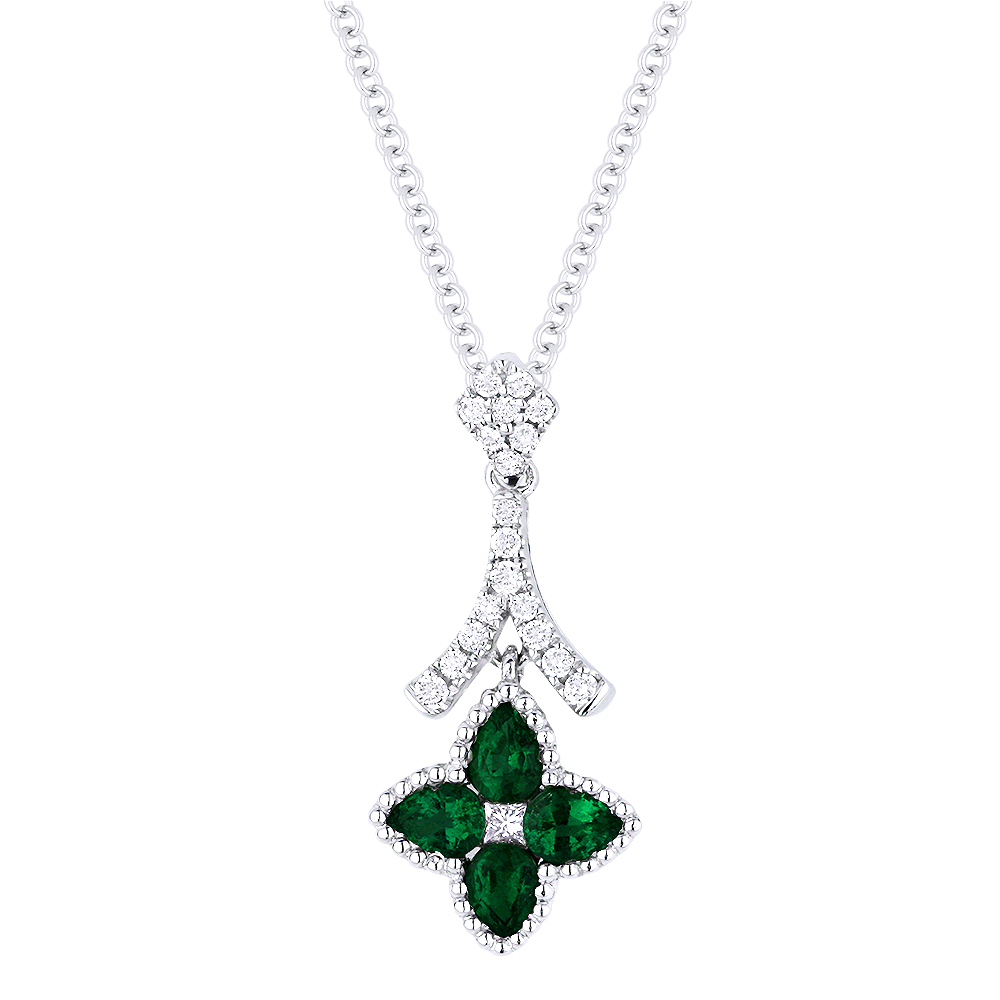 Lady's White 14 Karat Pendant/Chain With 20=0.16Tw Round Diamonds And 4=0.47Tw Pear Emeralds