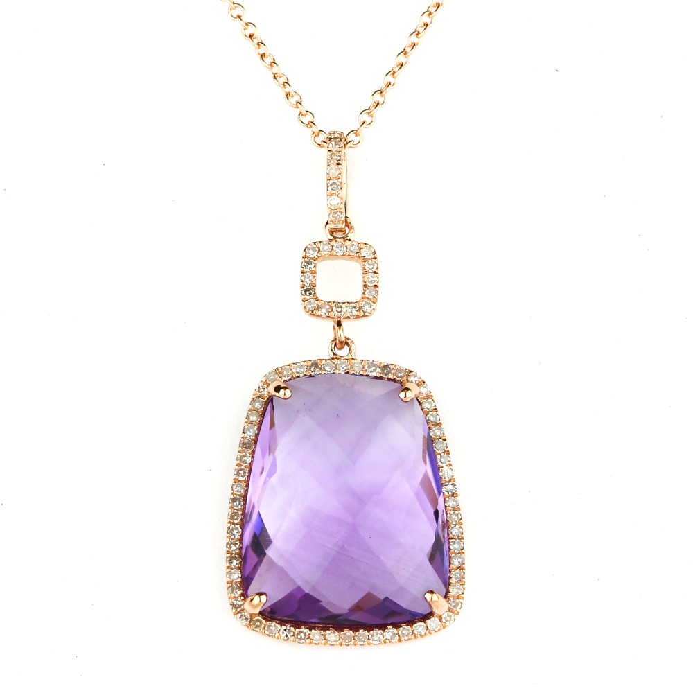 Lady's Rose 14 Karat Pendant/Chain With 81=0.19Tw Round Diamonds And One 8.09Ct Cushion Amethyst