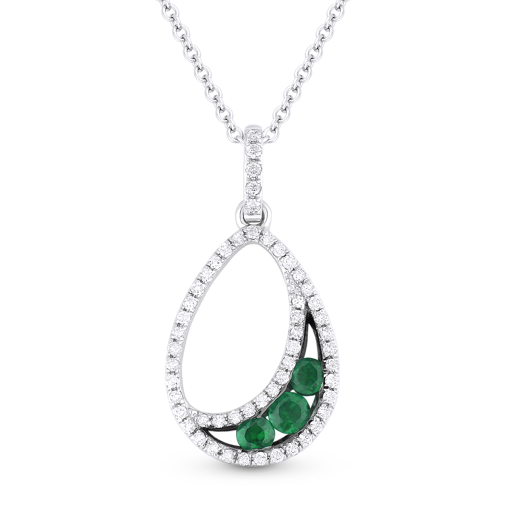 Lady's White 14 Karat Pendant With 55=0.16Tw Round Diamonds And 3=0.18Tw Round Emeralds
