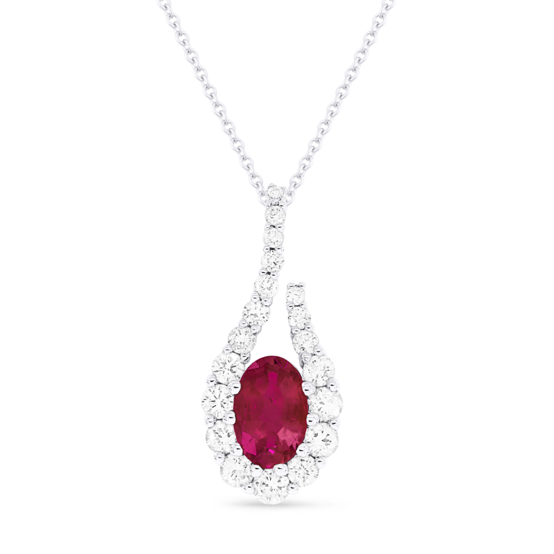 Lady's White 14 Karat Pendant/Chain With 19=0.30Tw Round Diamonds And One 0.55Ct Oval Ruby