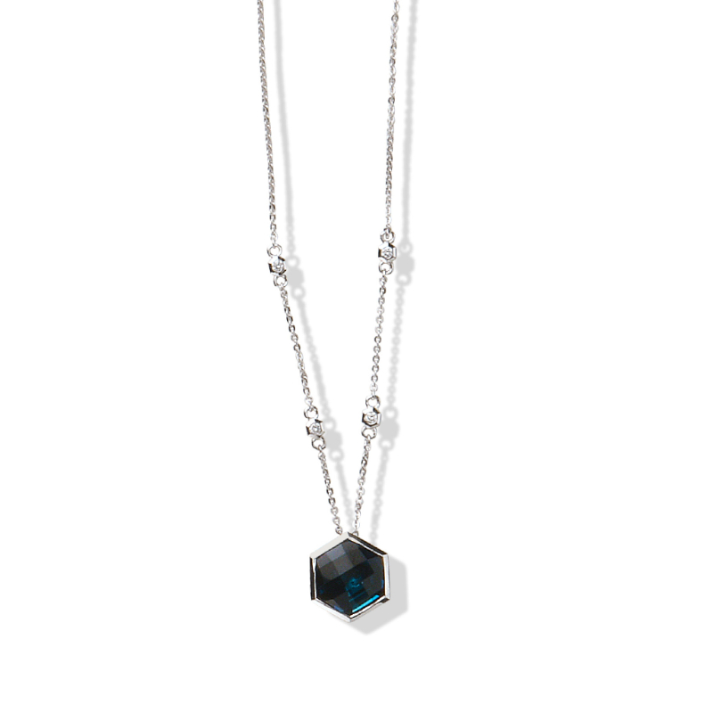 18K Solid Gold Natural White Diamond London Blue Topaz Necklace