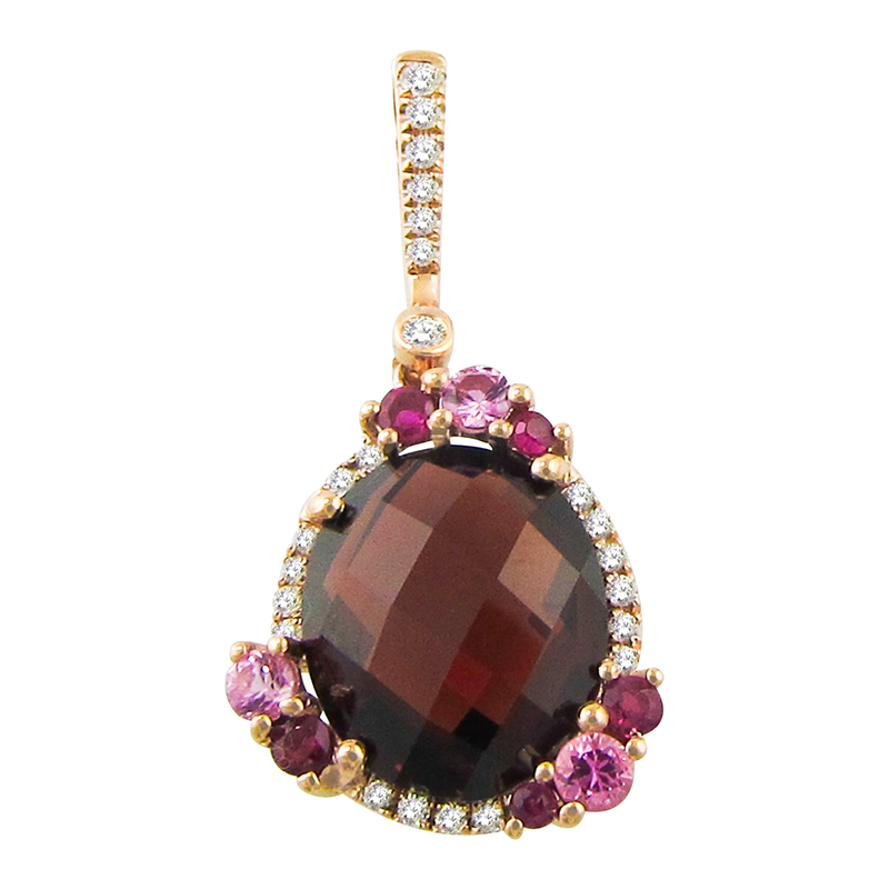 14kt Rose Gold necklace Diamonds 0.12ct, Garnet 6.03ct, Ruby 0.15ct, Pink Sapphire 0.26ct