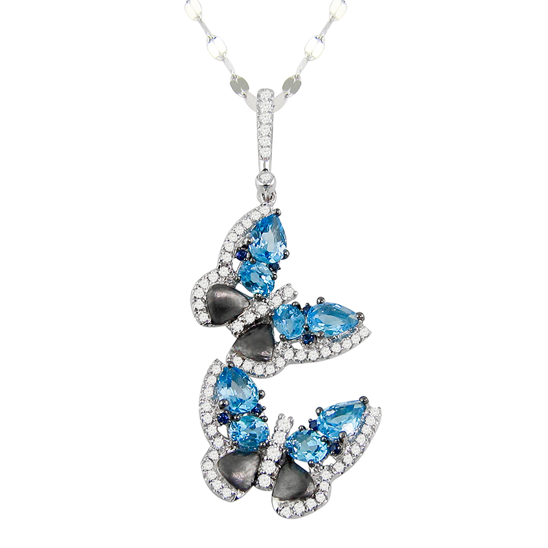 14kt White Gold Necklace Diamonds 0.47ct, Blue Topaz 2.19ct