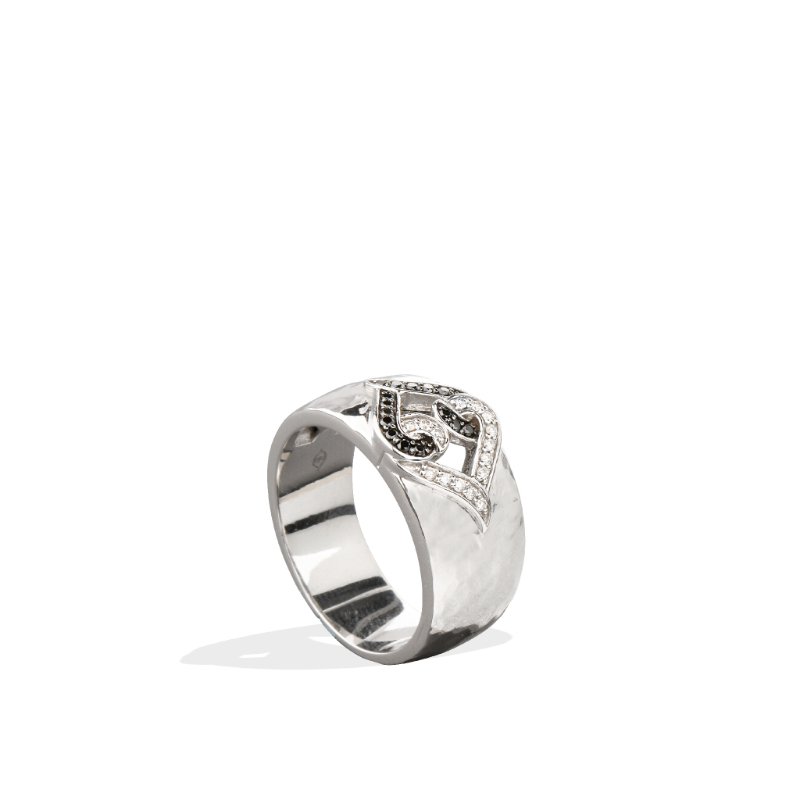 Sterling Silver Natural White & Black Diamond Hammered Band Ring
