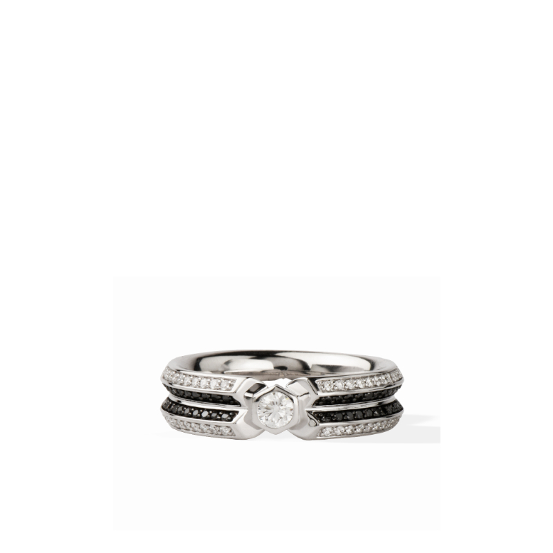 18K Solid Gold Natural White & Black Diamond Four Row Band Ring
