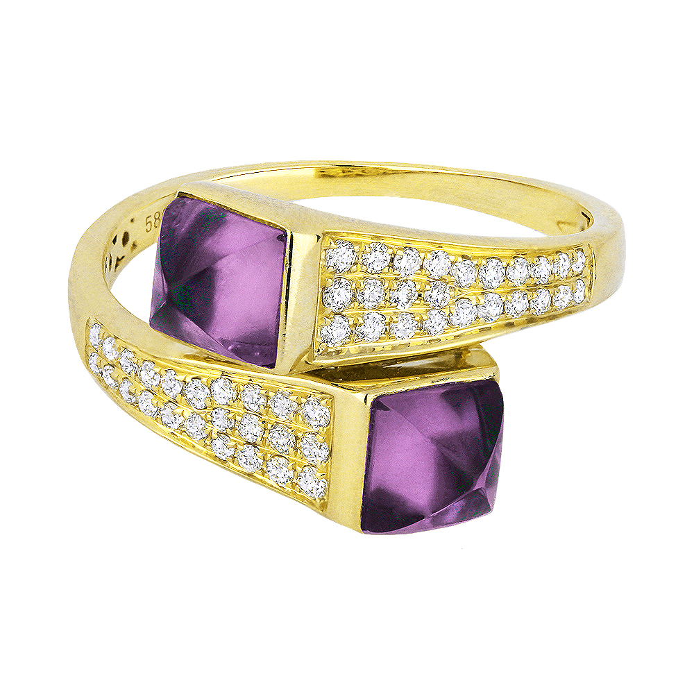 Lady's Yellow 14 Karat Ring With 48=0.26Tw Round Diamonds And 2=1.55Tw Square Cushion Amethysts