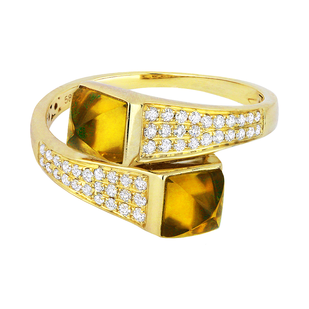 Lady's Yellow 14 Karat Ring With 48=0.23Tw Round Diamonds And 2=1.64Tw Square Cushion Citrines