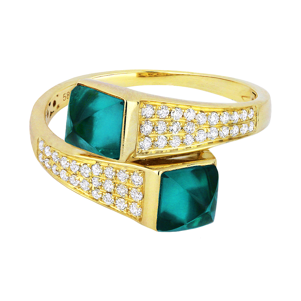 Lady's Yellow 14 Karat Ring With 48=0.25Tw Round Diamonds And 2=1.86Tw Square Cushion L Blue Topazs