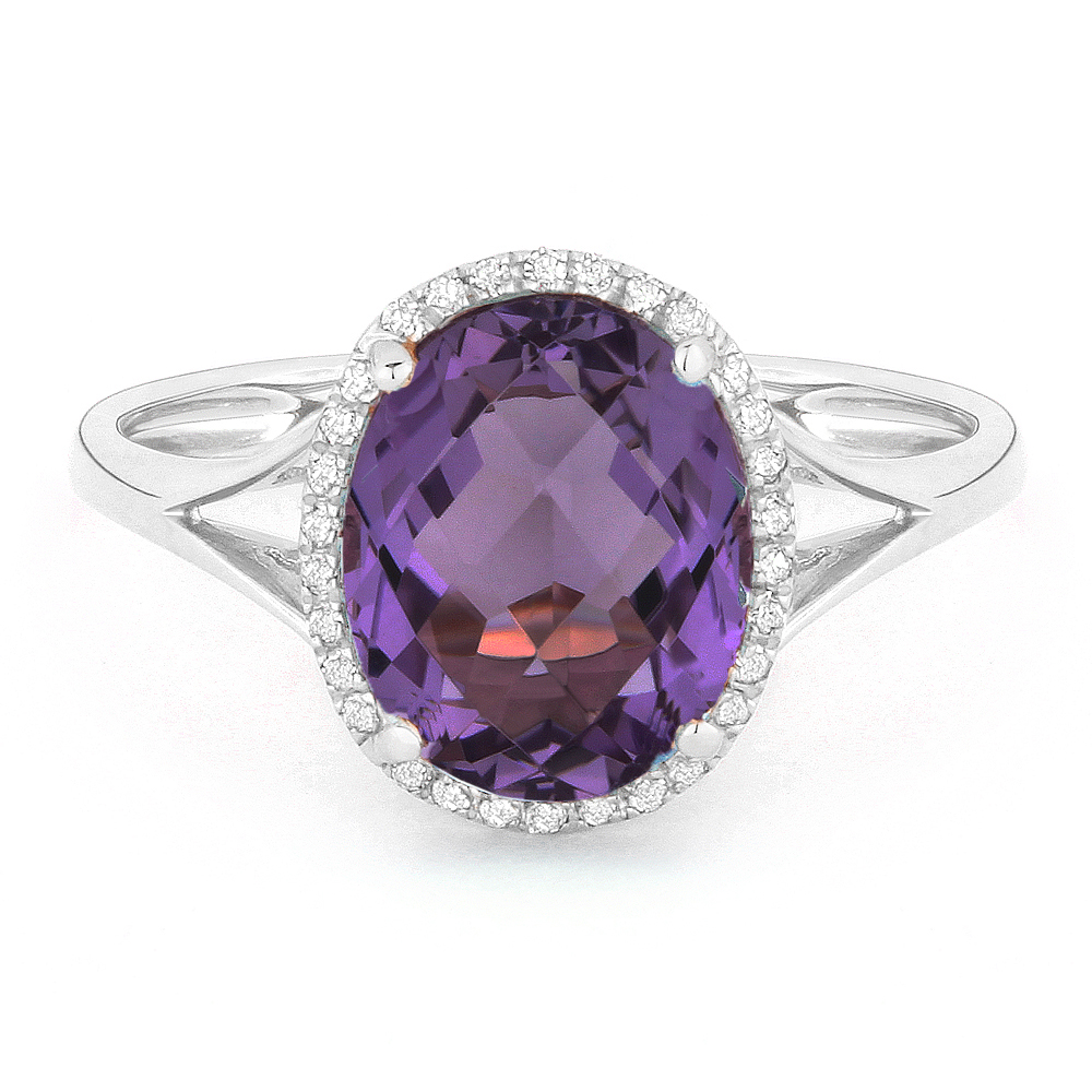Lady's White 14 Karat Ring With 30=0.10Tw Round Diamonds And One 2.46Ct Oval Amethyst