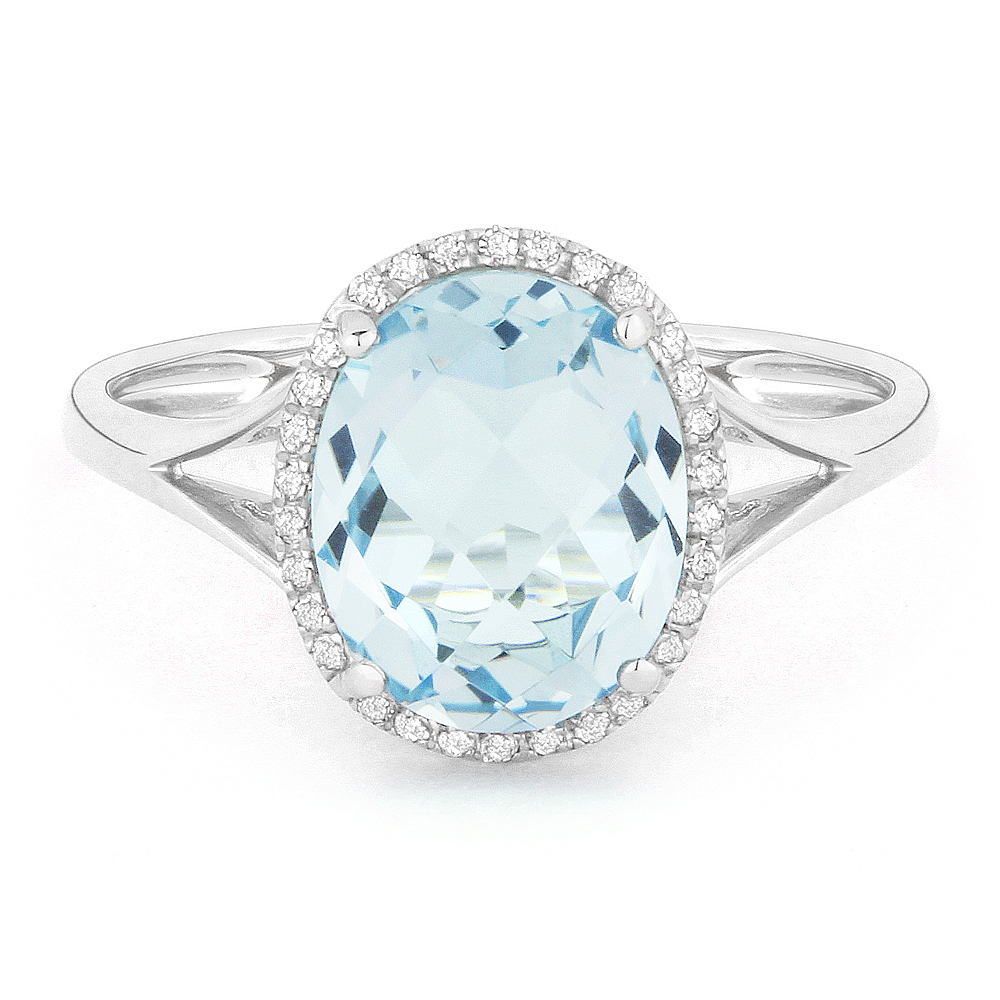 Lady's White 14 Karat Ring With 30=0.10Tw Round Diamonds And One 3.10Ct Oval Blue Topaz