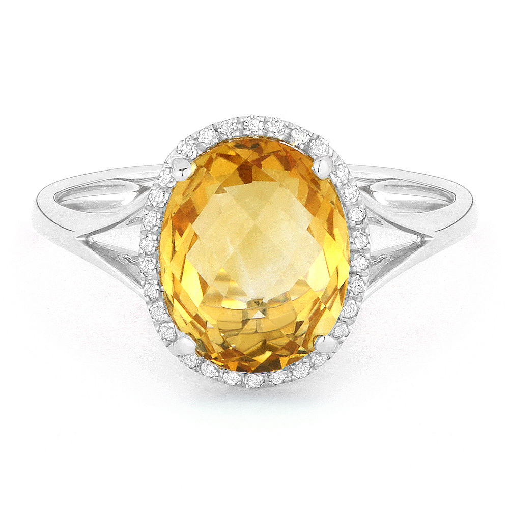 Lady's White 14 Karat Ring With 13=0.10Tw Round Diamonds And One 2.60Ct Oval Citrine