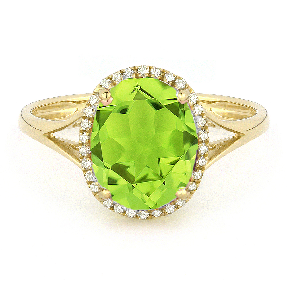 Lady's Yellow 14 Karat Ring With 30=0.10Tw Round Diamonds And One 2.60Ct Oval Peridot