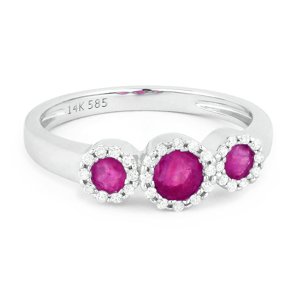 Lady's White 14 Karat Ring With 32=0.11Tw Round Diamonds And 3=0.46Tw Round Pink Sapphires