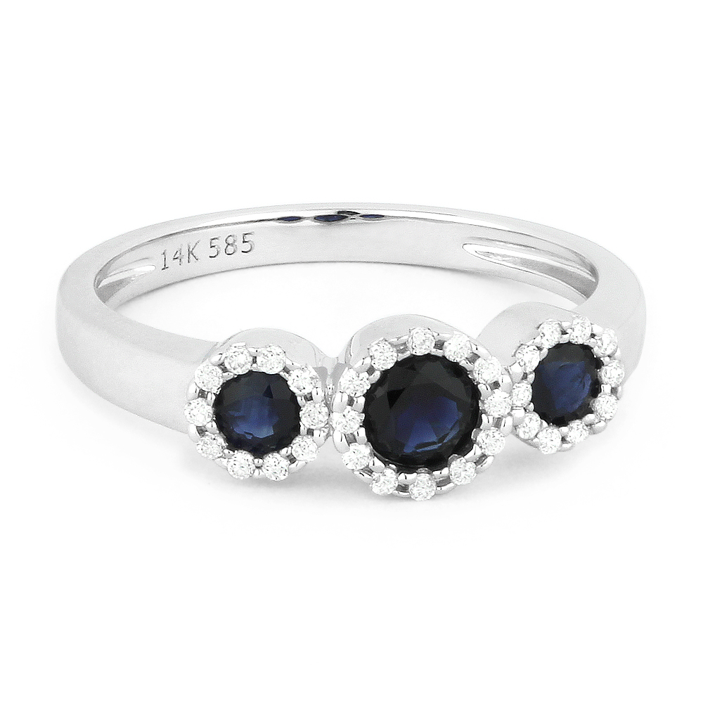 Lady's White 14 Karat Ring With 32=0.12Tw Round Diamonds And 3=0.66Tw Round Sapphires