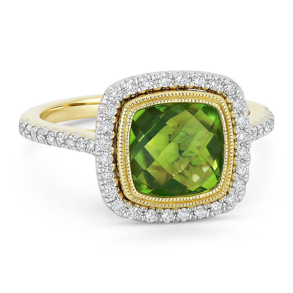 Lady's Yellow 14 Karat Ring With 46=0.29Tw Round Diamonds And One 2.36Ct Trillian Peridot