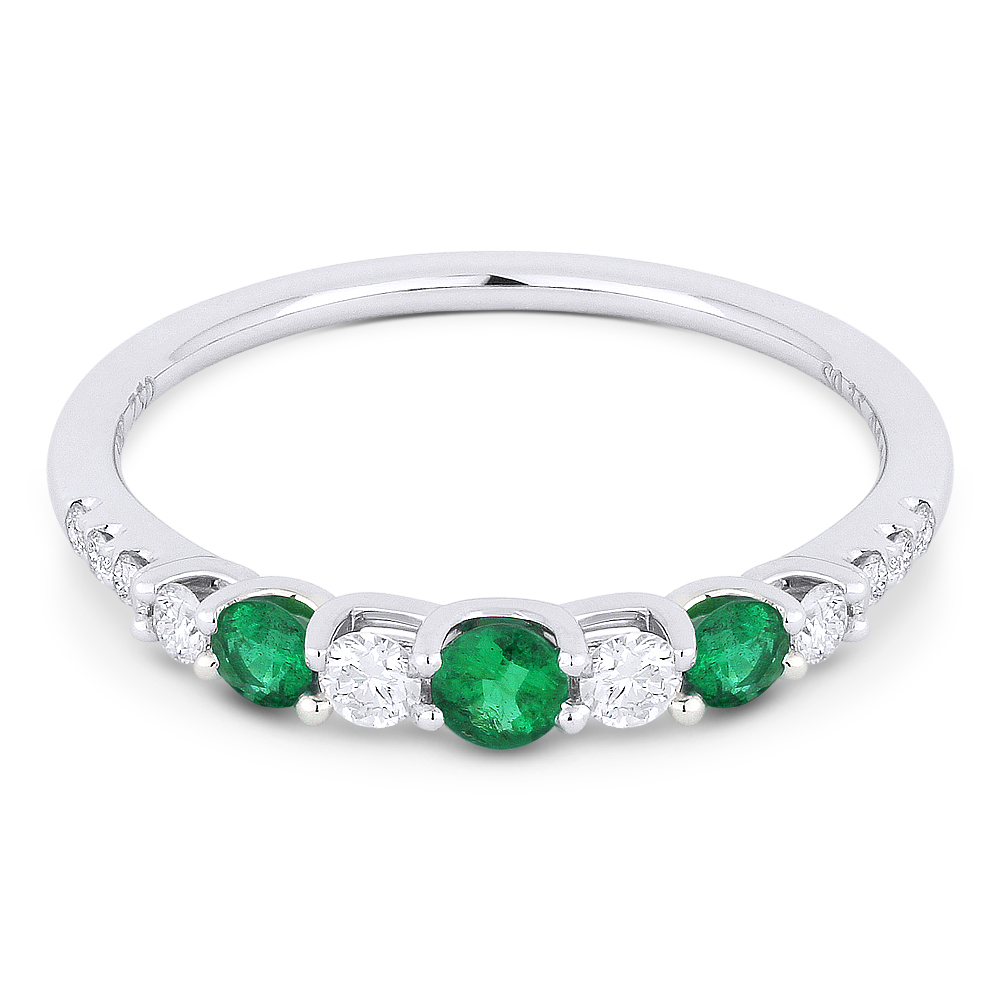 Lady's White 18 Karat Ring With 10=0.24Tw Round Diamonds And 3=0.28Tw Round Emeralds