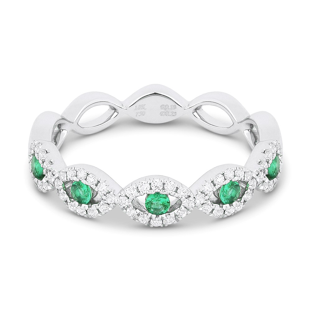 Lady's White 14 Karat Ring With 60=0.19Tw Round Diamonds And 5=0.17Tw Round Emeralds
