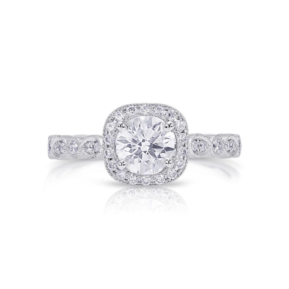 14K White Gold Semi Mount Cushion Halo Engagement Ring