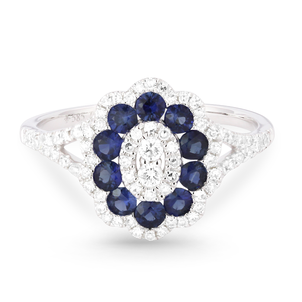 Lady's White 14 Karat Ring With 80=0.34Tw Round Diamonds And 10=0.66Tw Round Sapphires