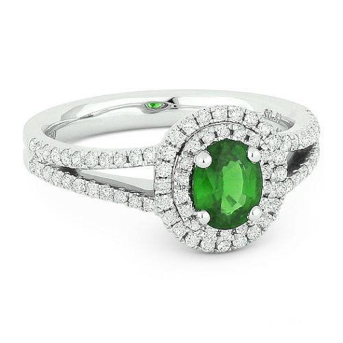 Lady's White 18 Karat Ring With 84=0.41Tw Round Diamonds And One 0.35Ct Oval Emerald