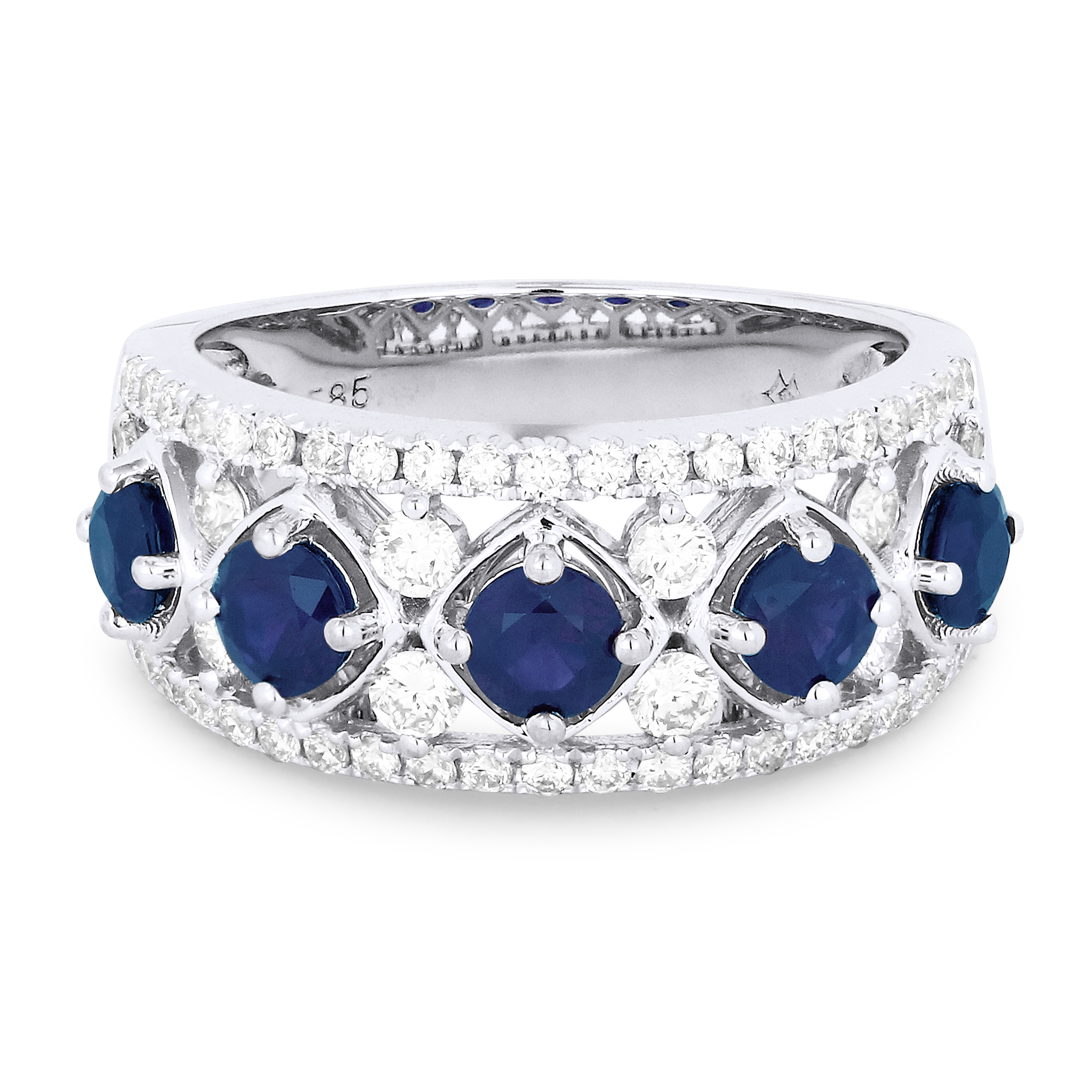 Lady's White 14 Karat Ring With 54=0.64Tw Round Diamonds And 5=1.14Tw Round Sapphires