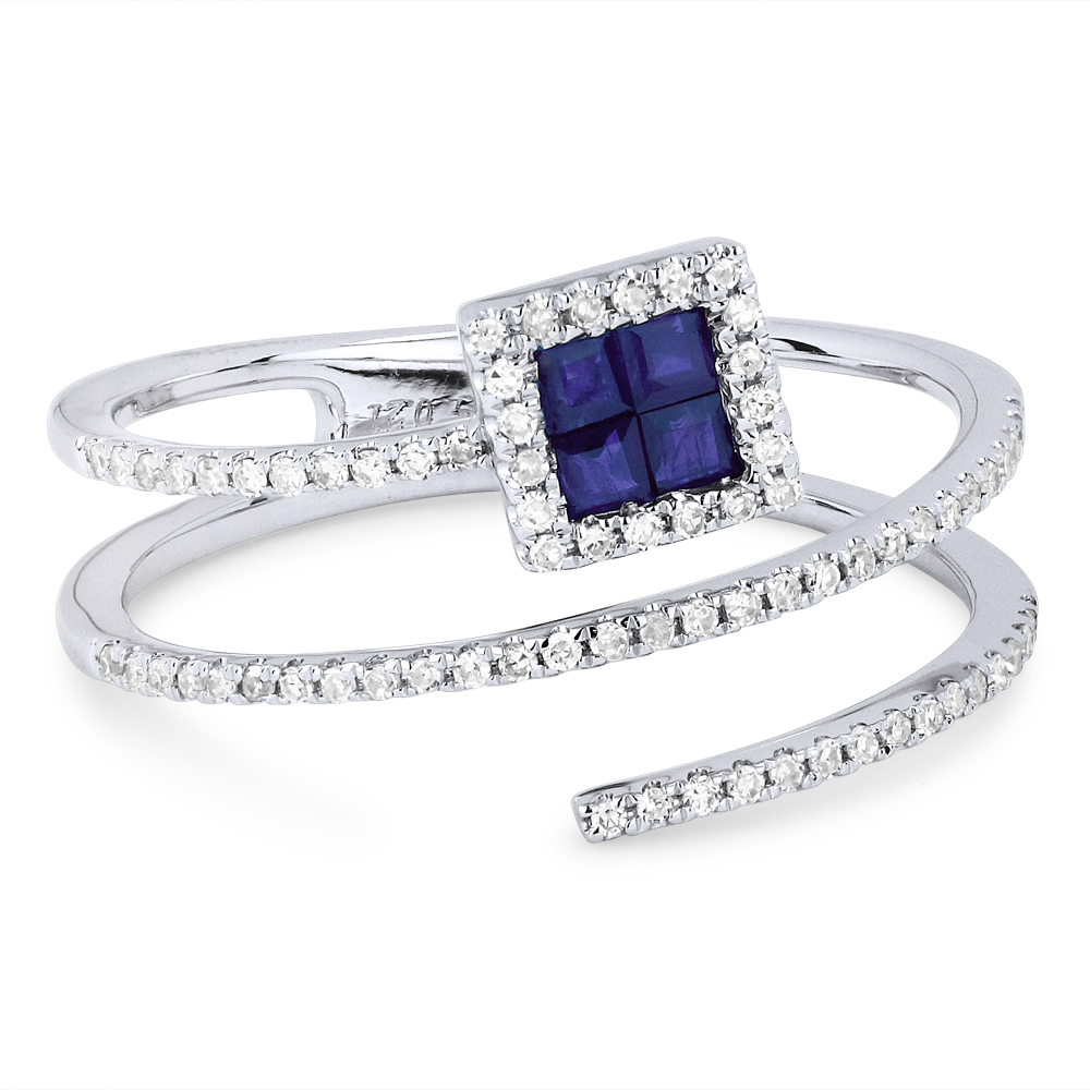 Lady's White 14 Karat Ring With 76=0.21Tw Round Diamonds And 4=0.21Tw Square Cushion Sapphires