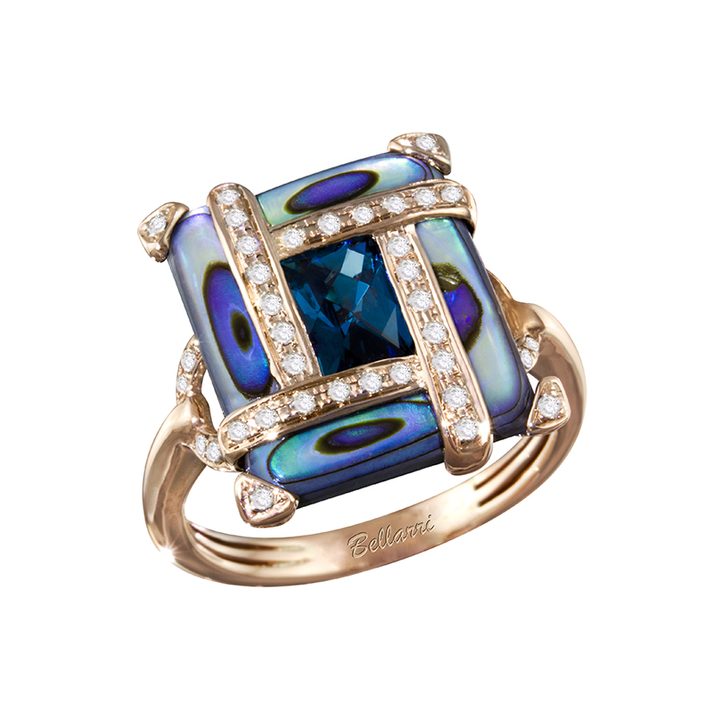 14kt Rose Gold Ring Diamonds 0.25ct, Abalone 2.70ct, London Blue Topaz 0.75ct