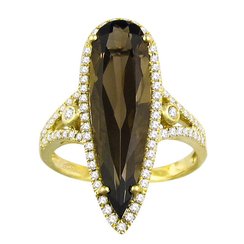 14kt Yellow Gold Ring Diamonds 0.42ct, Smokey Quartz 4.49ct