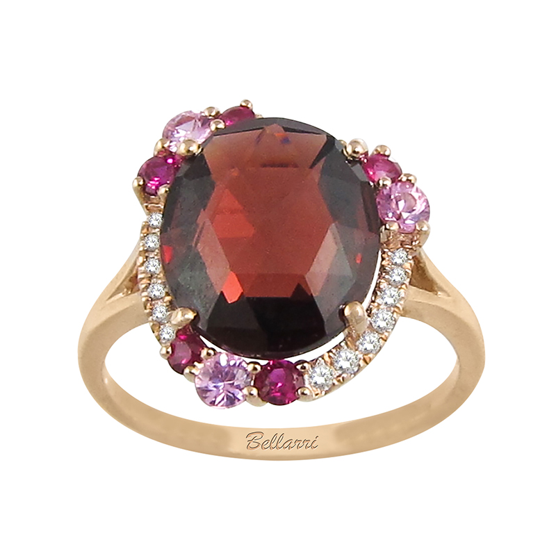 14kt Rose Gold Ring Diamonds 0.06ct Garnet 6.04ct, Pink Sapphire 0.23ct, Ruby 0.16ct