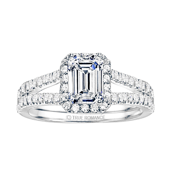 Emerald Cut Split Shank Halo Diamond Semi Mount Engagement Ring