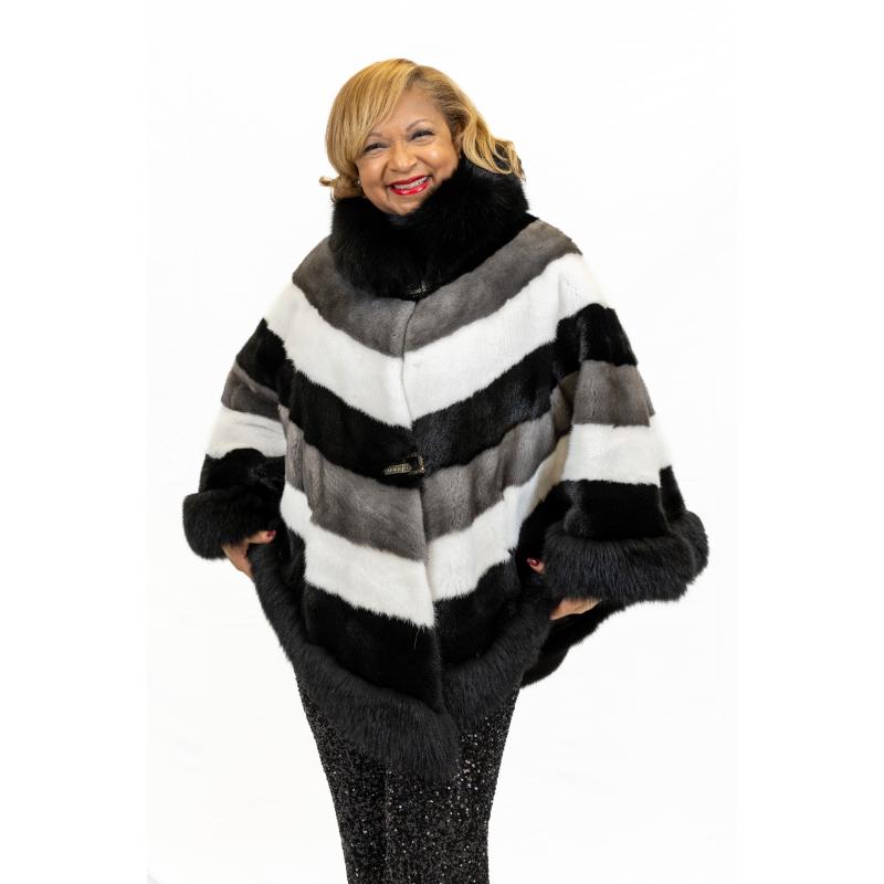 Tri Color Mink Cape With Fox Collar