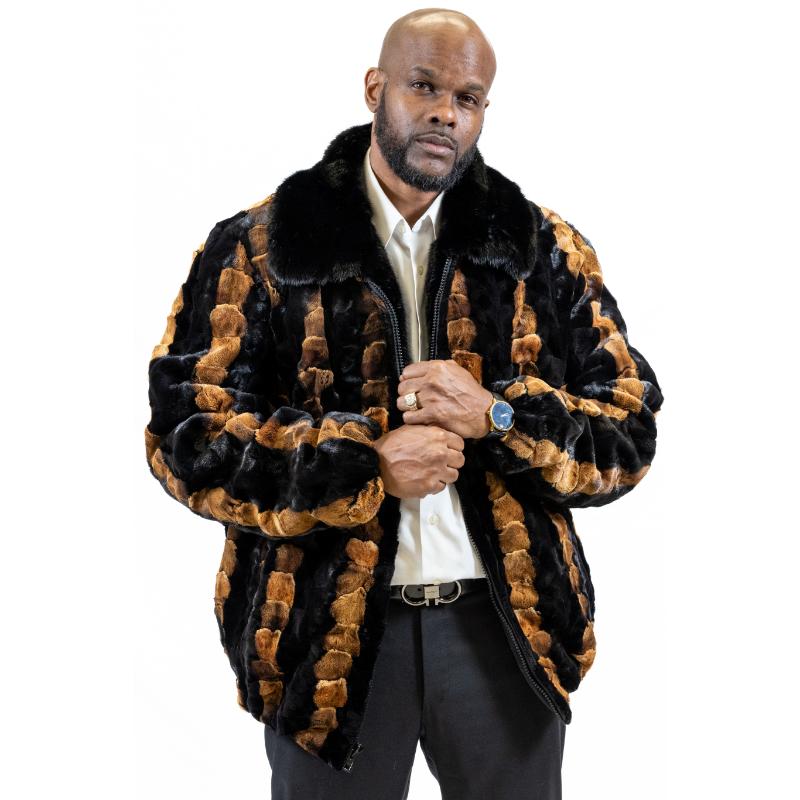 Man's Dyed Black/Whiskey Sheared Mink Crowns Bomber Jacket