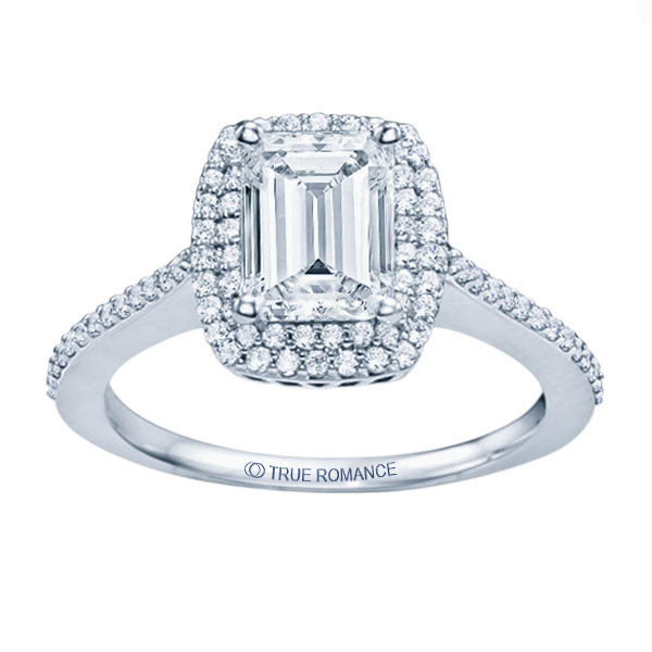 14k White Gold Emerald Cut Double Halo Diamond Semi Mount Engagement Ring